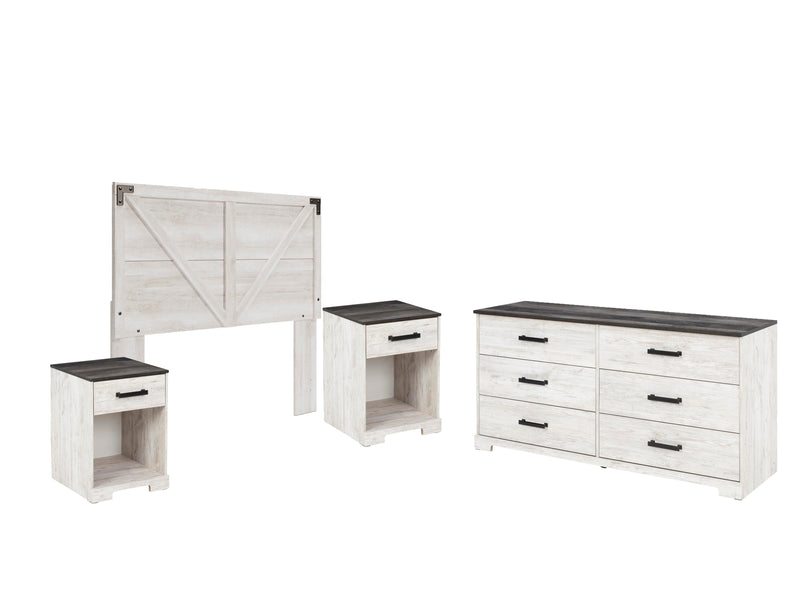 Shawburn Queen Crossbuck Panel Headboard, Dresser and 2 Nightstands in Whitewash - PKG009317