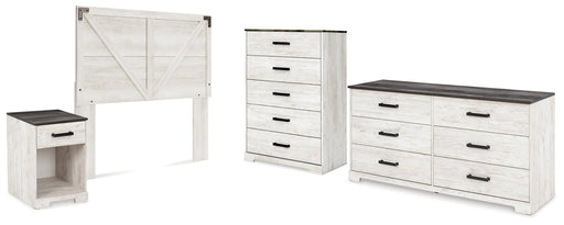 Shawburn Queen Panel Headboard with Dresser, Chest and Nightstand in Whitewash - PKG016186