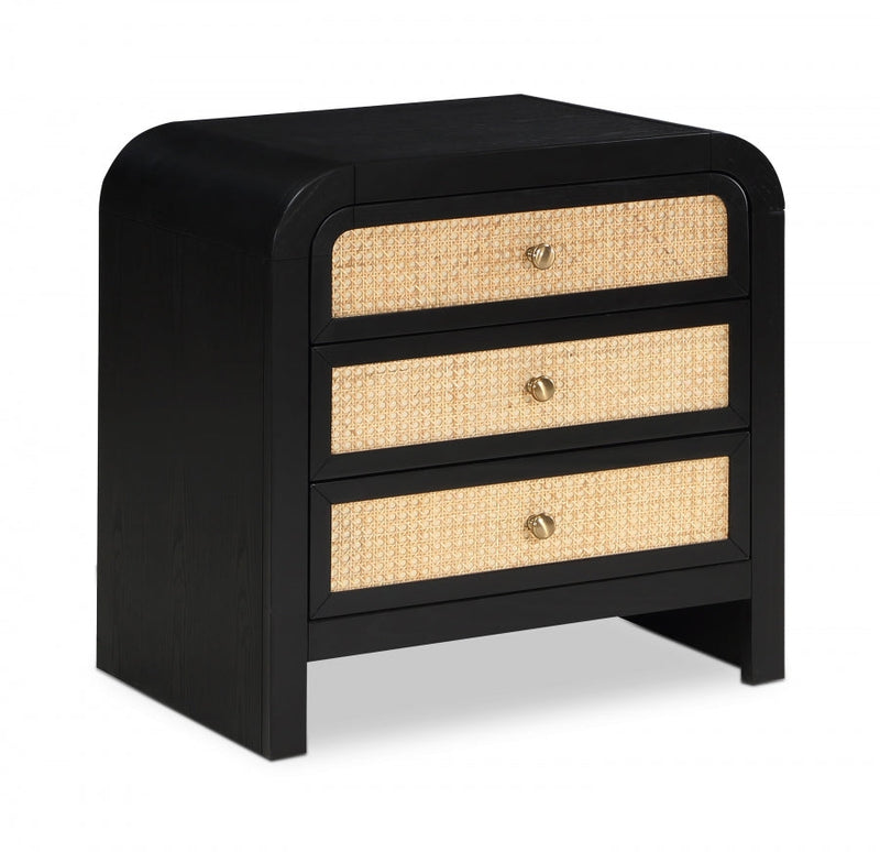 Siena Ash Wood And Natural Cane Nightstand in Black - SienaBlack-NS