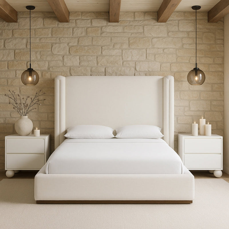 Solange Linen Textured Fabric Upholstered King Bed in Cream - SolangeCream-K