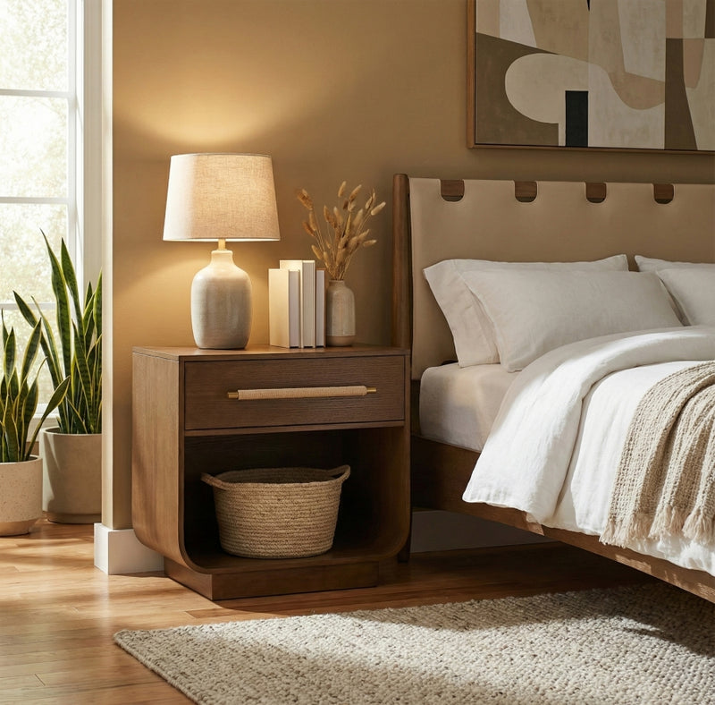 Sorell 28" Rattan Handle And Solid Wood Nightstand in Brown - 66014Brown-NS