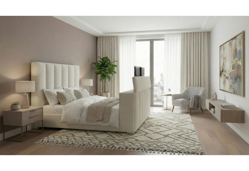 Serenity Crema King Bed With Speaker, Tv Lift And Fireplace - SERENITY-CREMA-KB W/ SPEAKER TV LIFT FP