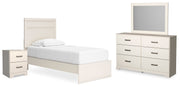 Stelsie Twin Panel Bed with Mirrored Dresser and Nightstand in White - PKG015994