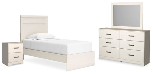 Stelsie Twin Panel Bed with Mirrored Dresser and Nightstand in White - PKG015994