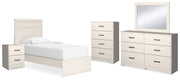 Stelsie Twin Panel Bed with Mirrored Dresser, Chest and 2 Nightstands in White - PKG015993