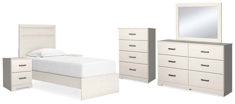 Stelsie Twin Panel Bed with Mirrored Dresser, Chest and 2 Nightstands in White - PKG015993