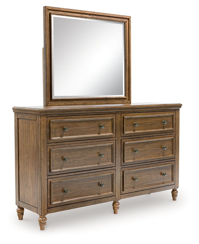 Sturlayne California King Upholstered Panel Bed with Mirrored Dresser and 2 Nightstands in Brown from Ashley - Luna Furniture