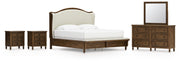 Sturlayne King Upholstered Panel Bed with Mirrored Dresser and 2 Nightstands in Brown from Ashley - Luna Furniture