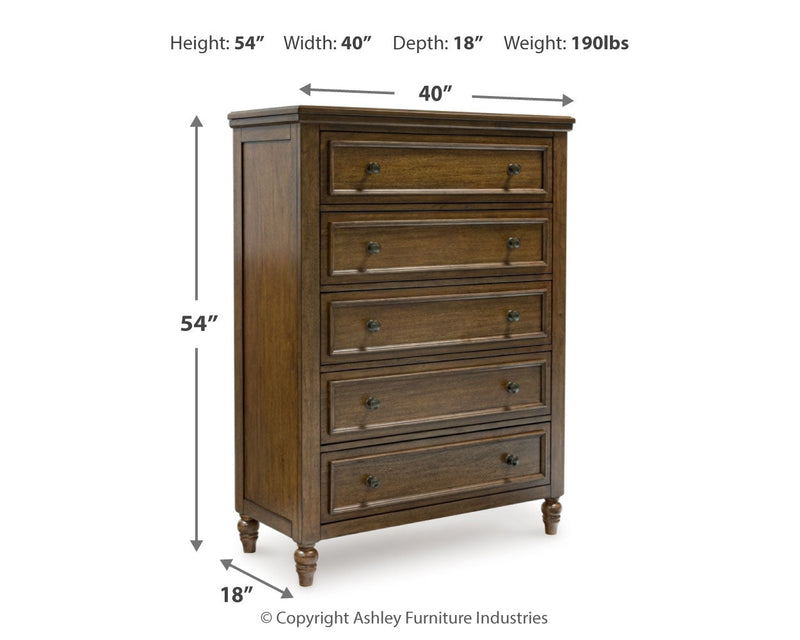 Sturlayne King Upholstered Panel Bed with Mirrored Dresser and Chest in Brown from Ashley - Luna Furniture