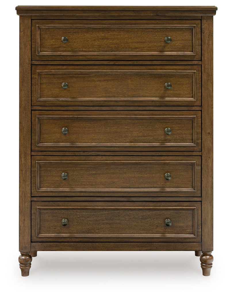 Sturlayne King Upholstered Panel Bed with Mirrored Dresser, Chest and Nightstand in Brown from Ashley - Luna Furniture