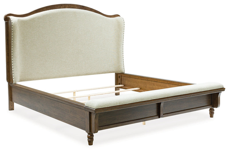 Sturlayne King Upholstered Panel Bed with Mirrored Dresser in Brown from Ashley - Luna Furniture