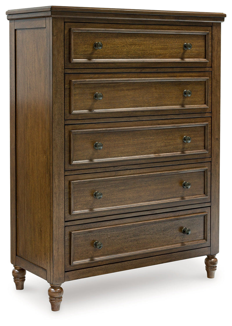 Sturlayne Queen Upholstered Panel Bed with Mirrored Dresser and Chest in Brown from Ashley - Luna Furniture