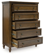 Sturlayne Queen Upholstered Panel Bed with Mirrored Dresser and Chest in Brown from Ashley - Luna Furniture