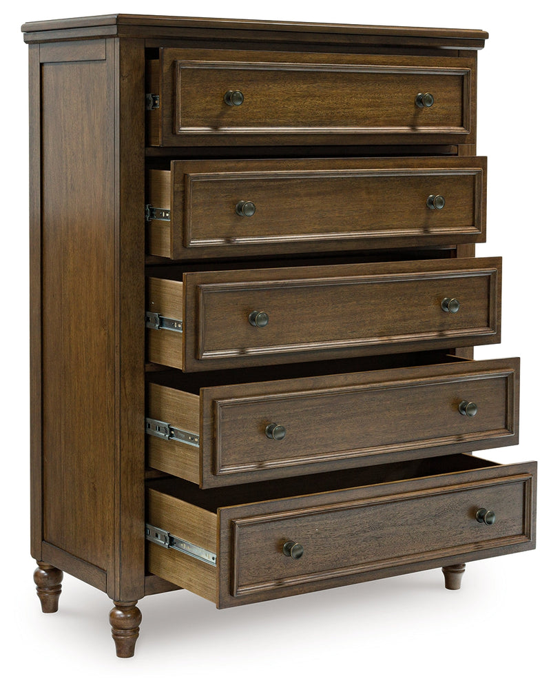 Sturlayne Queen Upholstered Panel Bed with Mirrored Dresser and Chest in Brown from Ashley - Luna Furniture
