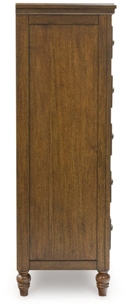 Sturlayne Queen Upholstered Panel Bed with Mirrored Dresser and Chest in Brown from Ashley - Luna Furniture