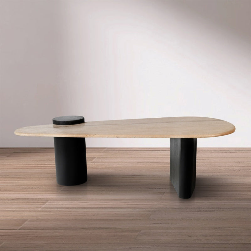 Taverna Travertine Top And Oak Wood Base Coffee Table in Black - 99006Black-CT