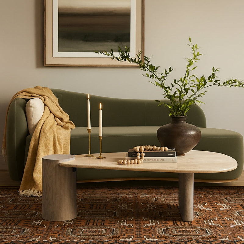 Taverna Travertine Top And Oak Wood Base Coffee Table in Brown - 99006Brown-CT