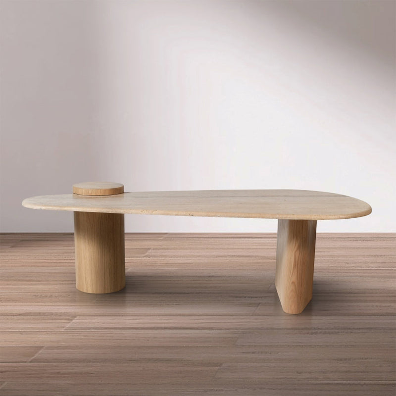 Taverna Travertine Top And Oak Wood Base Coffee Table in Natural - 99006Natural-CT