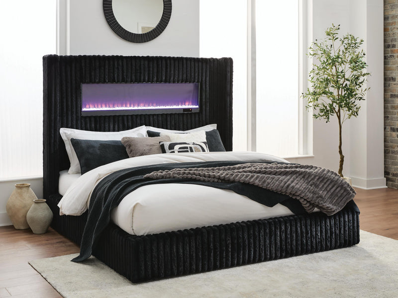 Tayleena Black King Upholstered Bed with Fireplace and Wireless Audio - PCB620B2
