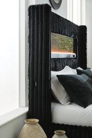 Tayleena Black King Upholstered Bed with Fireplace and Wireless Audio - PCB620B2