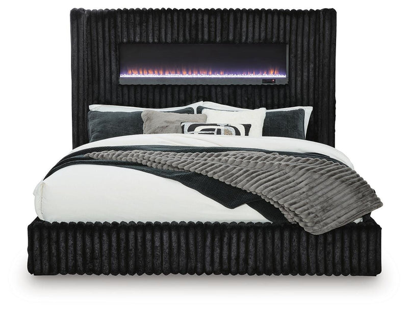 Tayleena Black King Upholstered Bed with Fireplace and Wireless Audio - PCB620B2