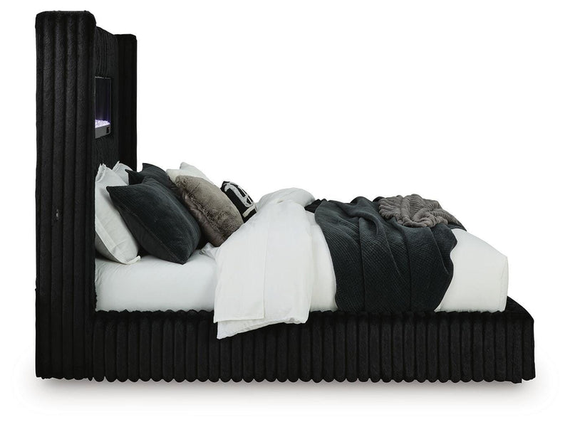 Tayleena Black King Upholstered Bed with Fireplace and Wireless Audio - PCB620B2