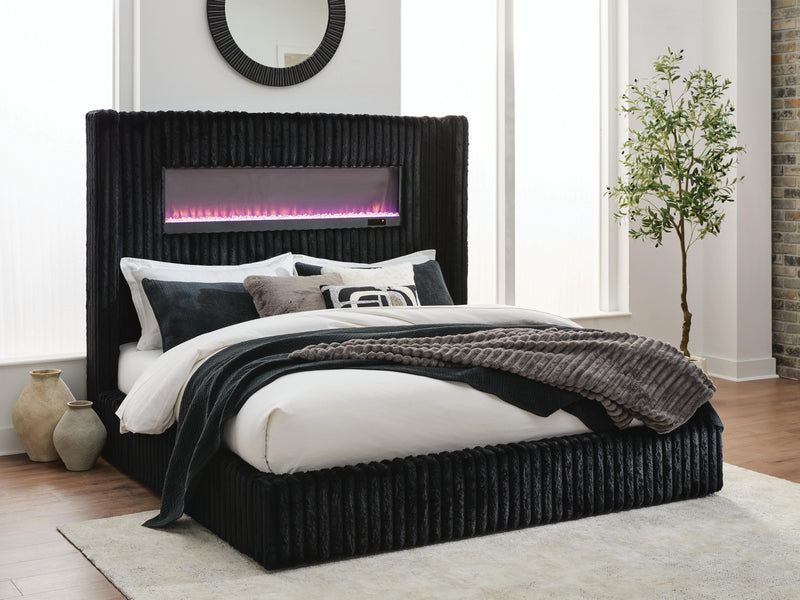 Tayleena Black King Upholstered Bed with Fireplace and Wireless Audio - PCB620B2