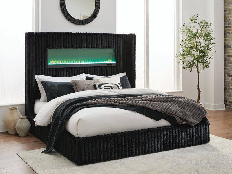 Tayleena Black King Upholstered Bed with Fireplace and Wireless Audio - PCB620B2