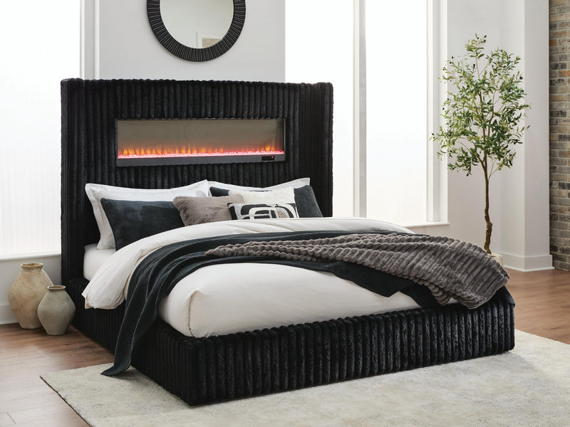 Tayleena Black Queen Upholstered Bed with Fireplace and Wireless Audio - PCB620B1