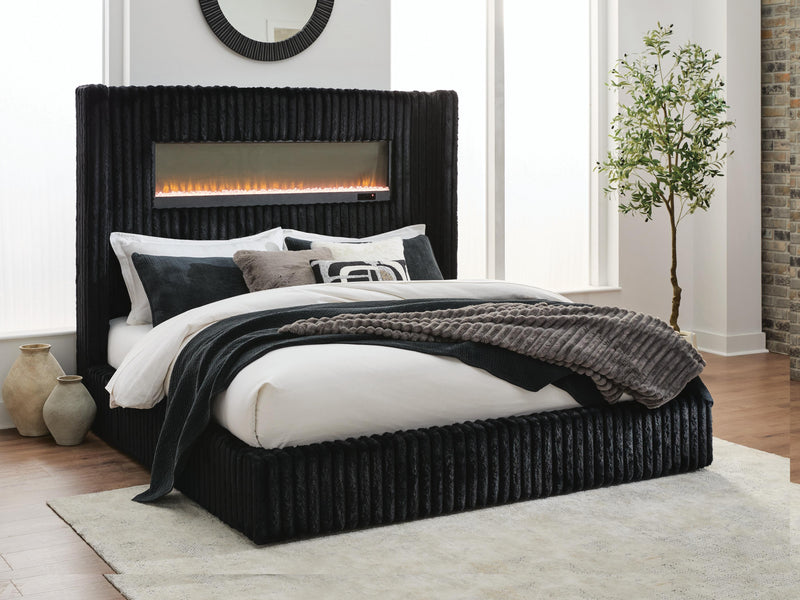 Tayleena Black Queen Upholstered Bed with Fireplace and Wireless Audio - PCB620B1