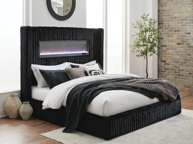 Tayleena Black Queen Upholstered Bed with Fireplace and Wireless Audio - PCB620B1