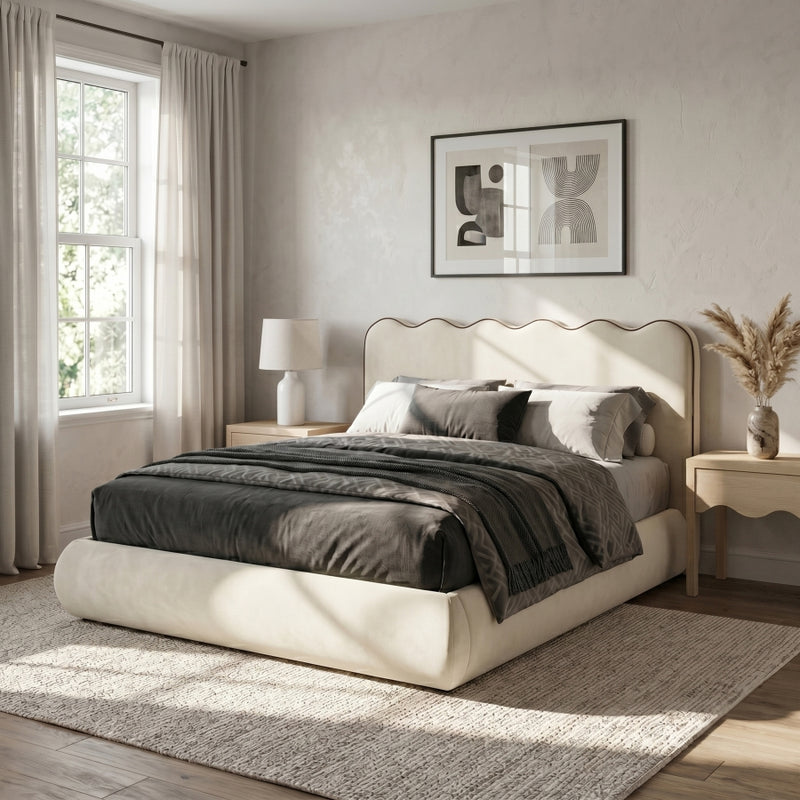 Tempo Velvet Upholstered King Bed in Cream - TempoCream-K