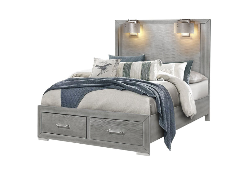 Tiffany Silver Queen Bed With Lamps - Gate FurnitureQueen Bed