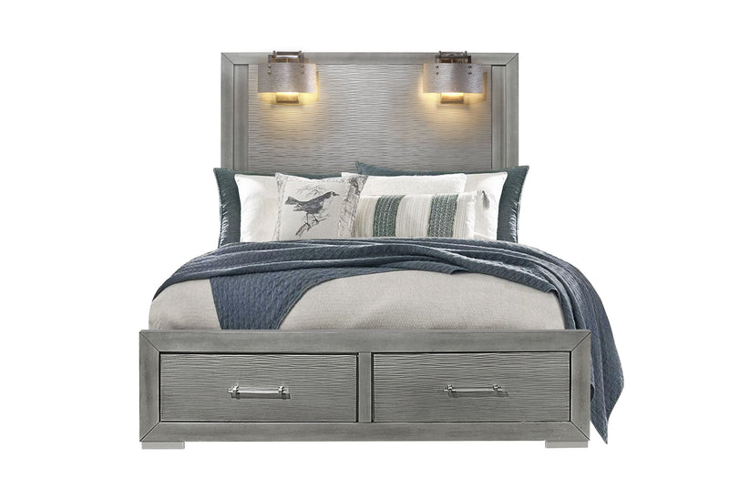 Tiffany Silver Queen Bed With Lamps - Gate FurnitureQueen Bed