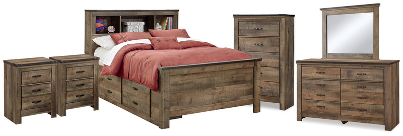 Trinell Brown Full Bookcase Storage Bed, Dresser, Mirror, Chest and 2 Nightstands - B446B89