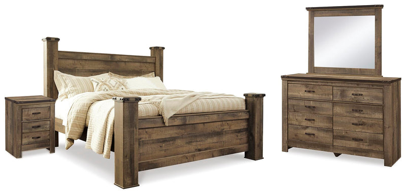 Trinell Brown King Poster Bed, Dresser, Mirror and Nightstand - B446B75
