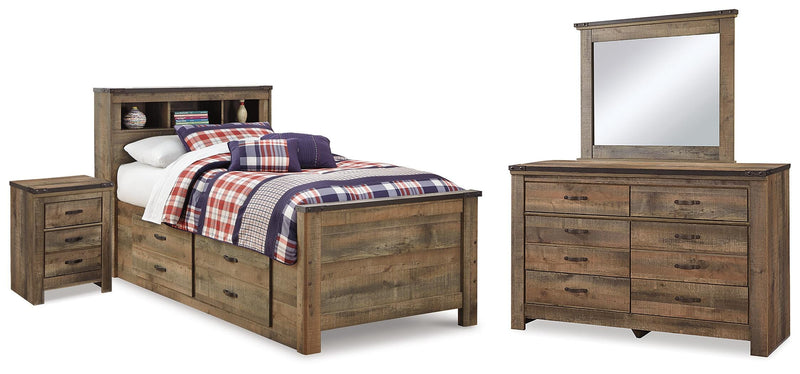 Trinell Brown Twin Bookcase Storage Bed, Dresser, Mirror and Nightstand - B446B98