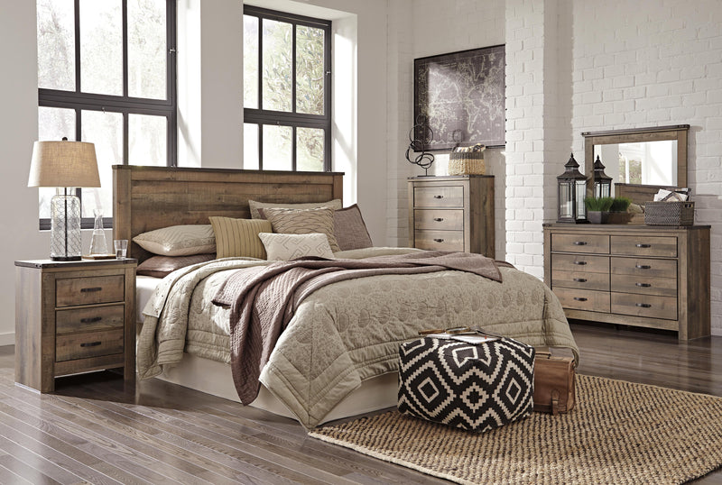 Trinell King/California King Panel Headboard Bed with Mirrored Dresser and 2 Nightstands in Brown - PKG005080