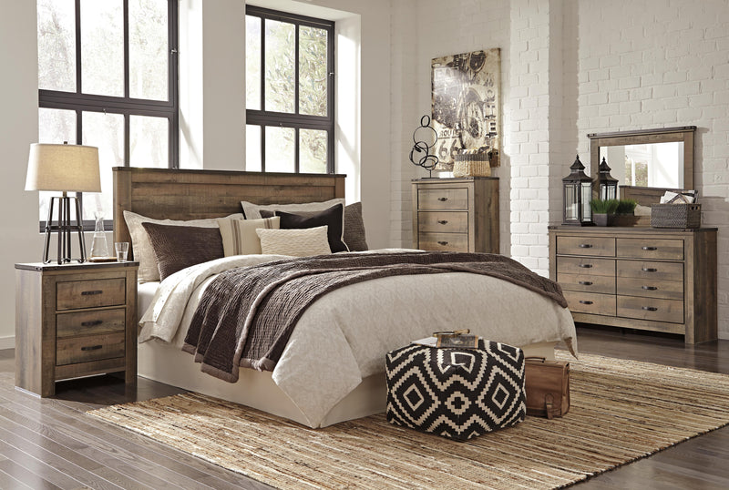 Trinell King/California King Panel Headboard Bed with Mirrored Dresser and Chest in Brown - PKG005081