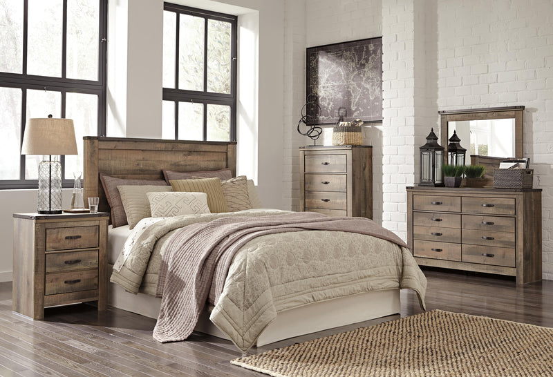 Trinell Queen Panel Headboard Bed with Mirrored Dresser and 2 Nightstands in Brown - PKG005073