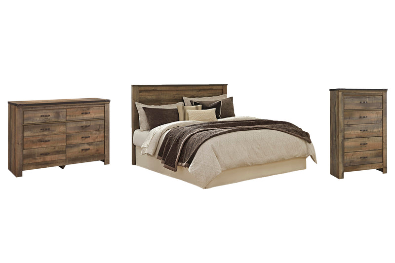 Trinell Queen Panel Headboard Bed with Mirrored Dresser and Chest in Brown - PKG005074