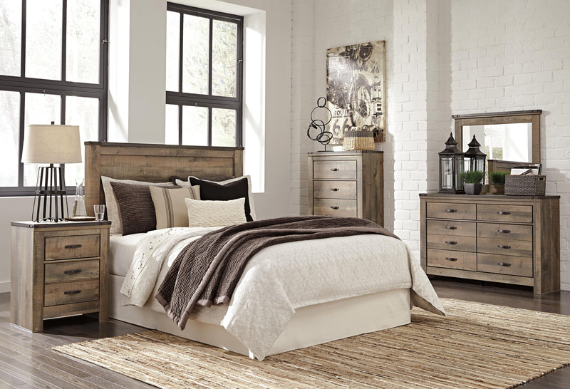 Trinell Queen Panel Headboard Bed with Mirrored Dresser and Chest in Brown - PKG005074