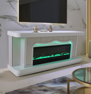 TVS108 Modern white  & Gold Electric Fireplace TV Stand (71" x 16" x 31") WITH WIRELESS CHARGER - 210000007844