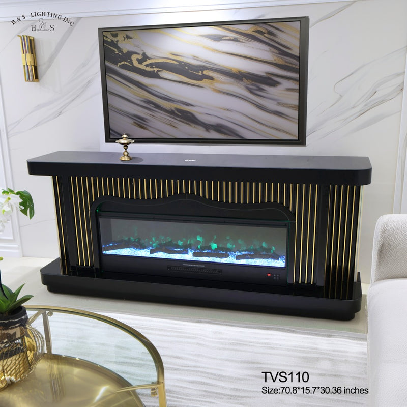 TVS110 Modern Black & Gold Electric Fireplace TV Stand (71" x 16" x 31") WITH WIRELESS CHARGER - 210000007848