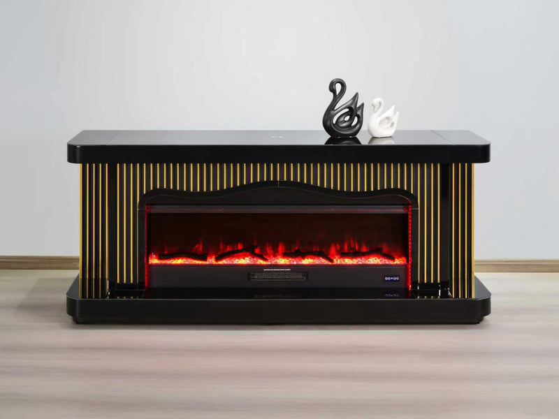 TVS110 Modern Black & Gold Electric Fireplace TV Stand (71" x 16" x 31") WITH WIRELESS CHARGER - 210000007848