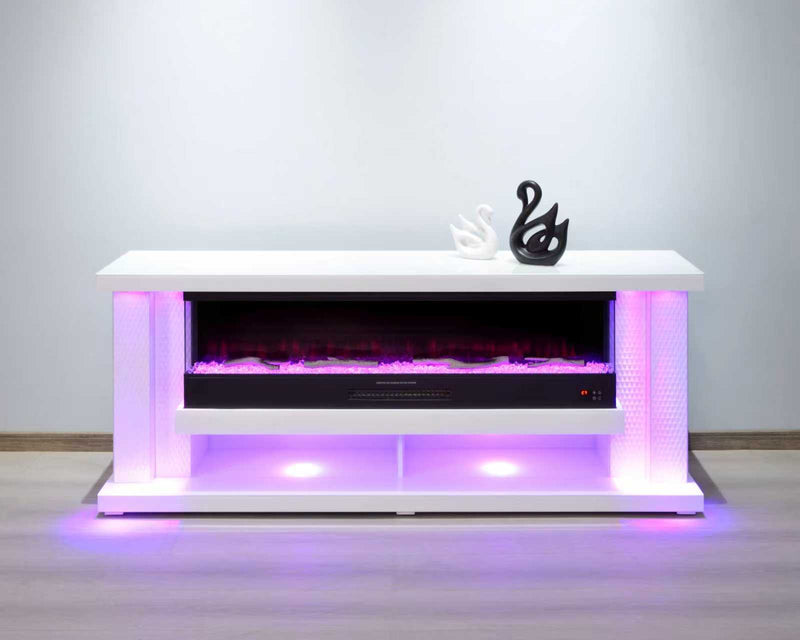 TVS117 Modern White Electric Fireplace TV Stand (71" x 16" x 29") With Bluetooth Speaker - 210000007948