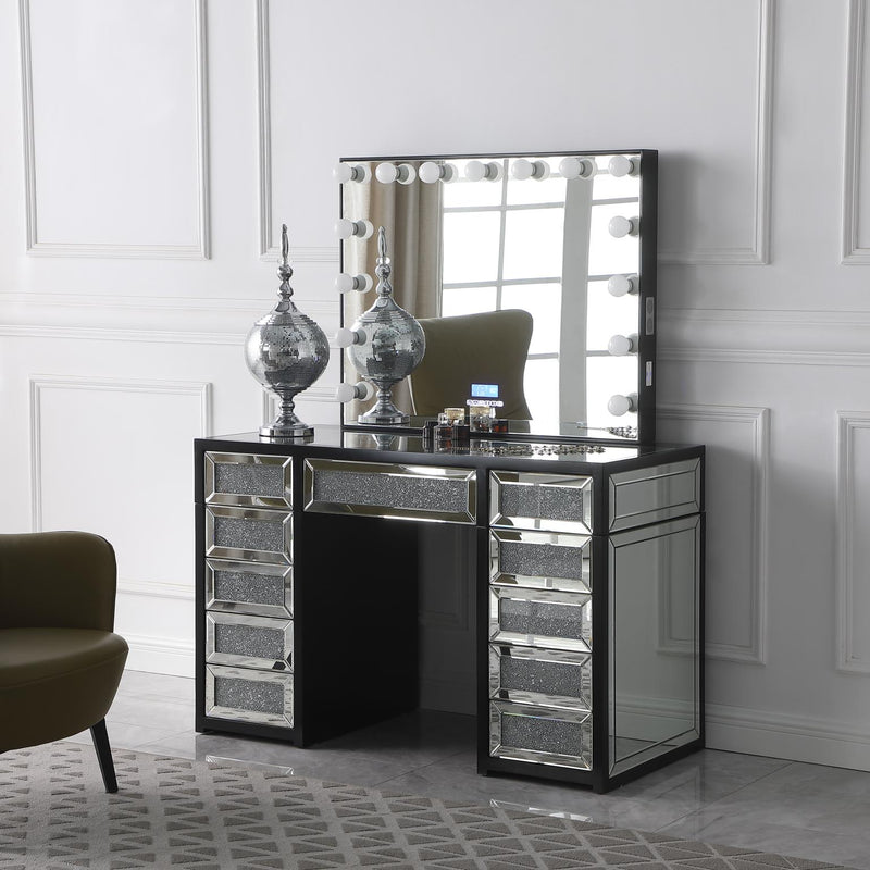 V - Hollywood Black Vanity Desk W/ Bluetooth Hollywood Mirror - V455