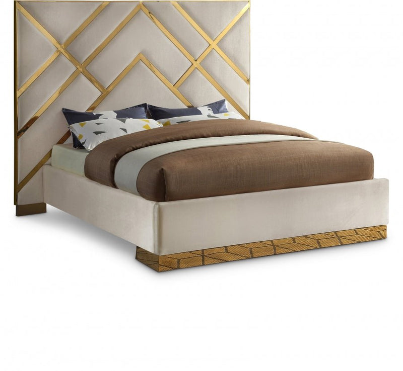 Vector Velvet Queen Bed Cream - Gate FurnitureQueen Bed