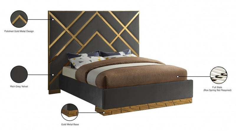 Vector Velvet Queen Bed Grey - Gate FurnitureQueen Bed