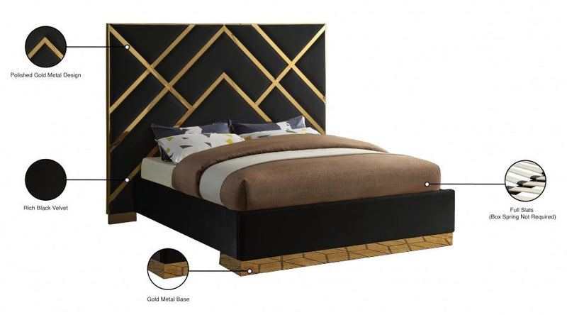 Vector Velvet Queen Bed in Black - Gate FurnitureQueen Bed